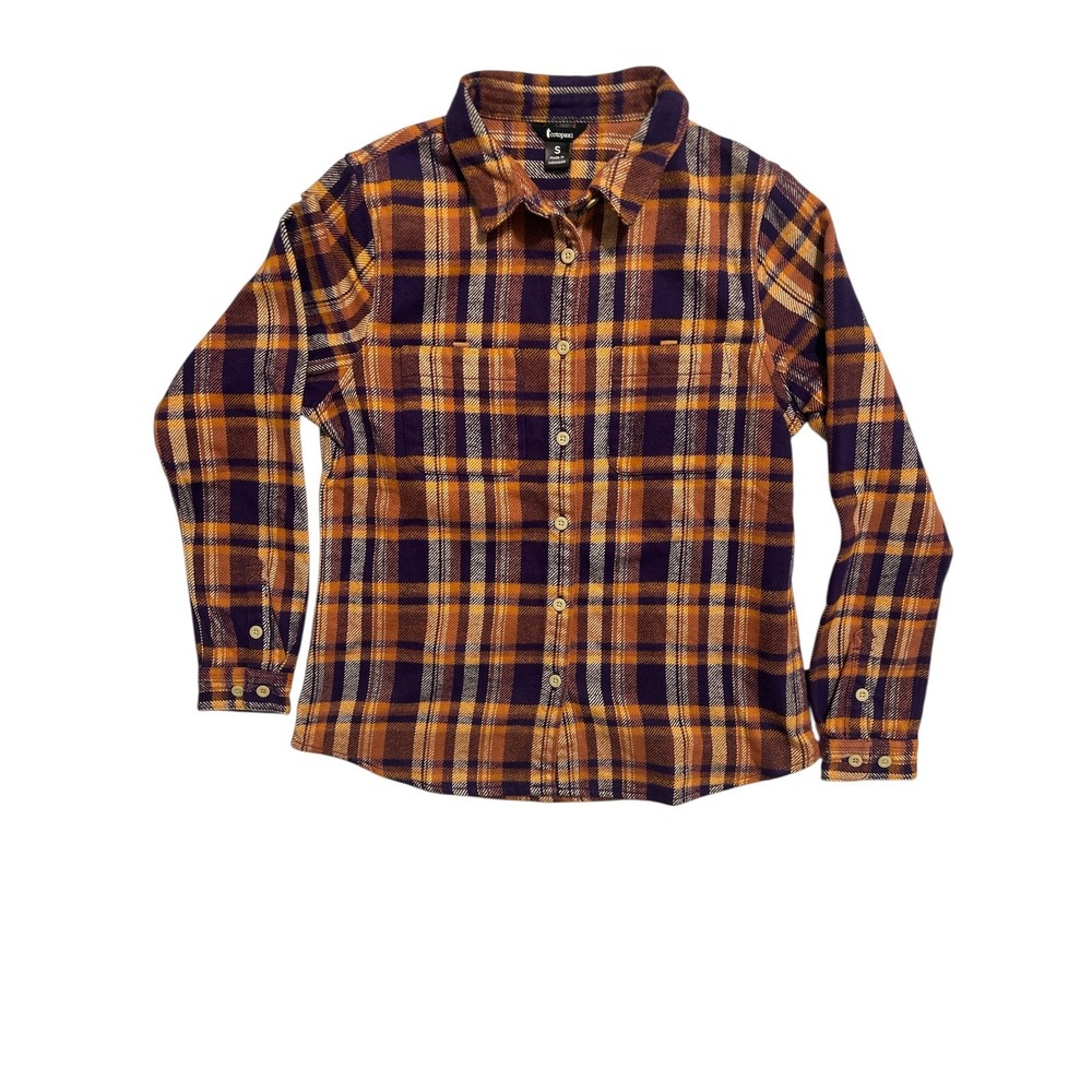 Cotopaxi Mero Organic Flannel Shirt Women's Small Black Violet Plaid Long Sleeve